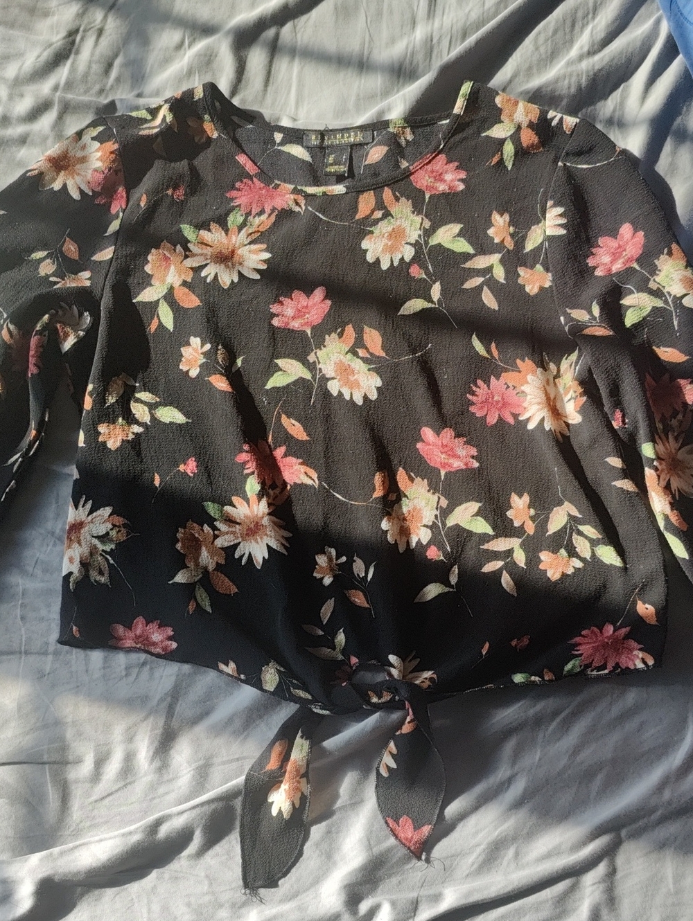 Revamped Black Floral Tie-Front Blouse with Pink & Cream Blooms
